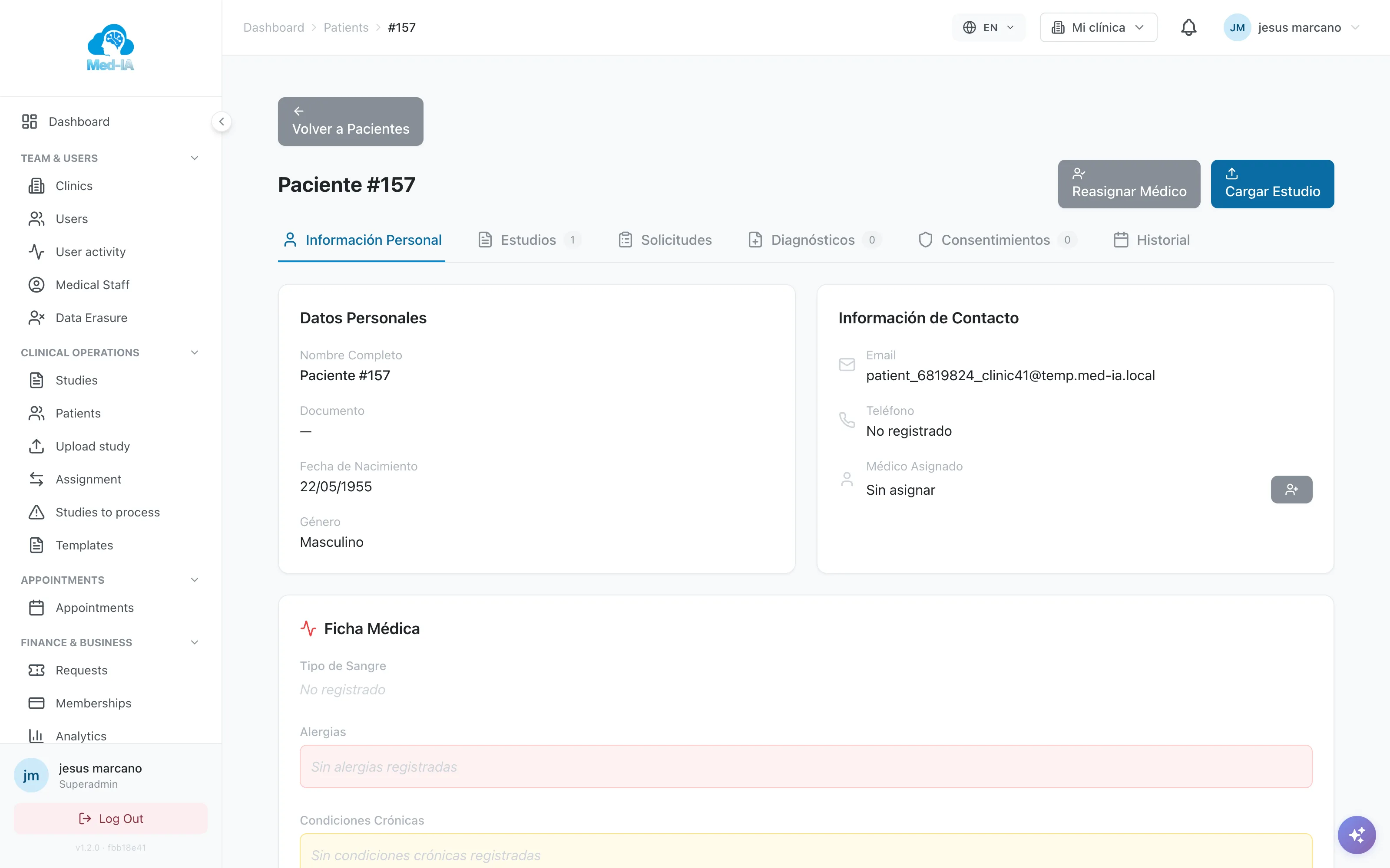 Expediente clínico del paciente en Med-IA: datos personales, estudios, diagnósticos y consentimientos