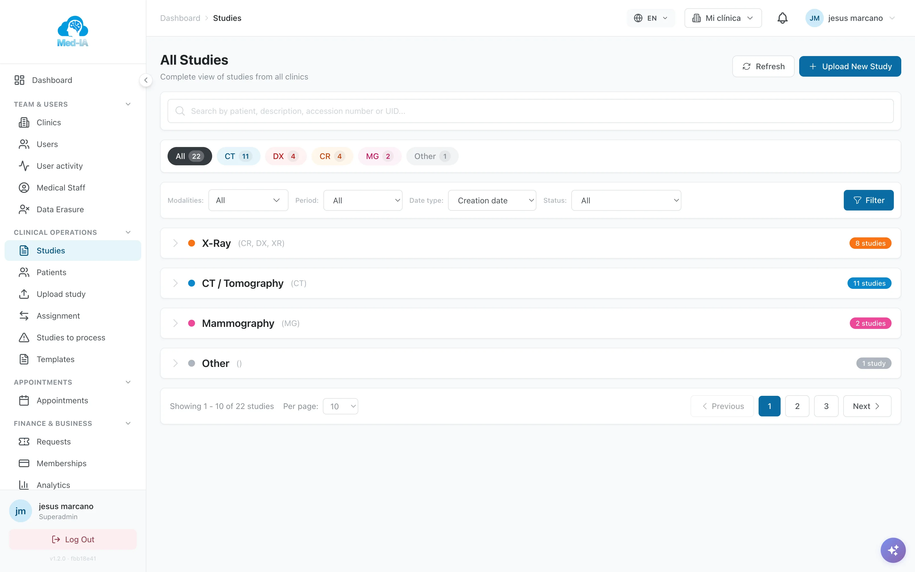 Worklist de estudios de Med-IA con estados por estudio y filtros por modalidad